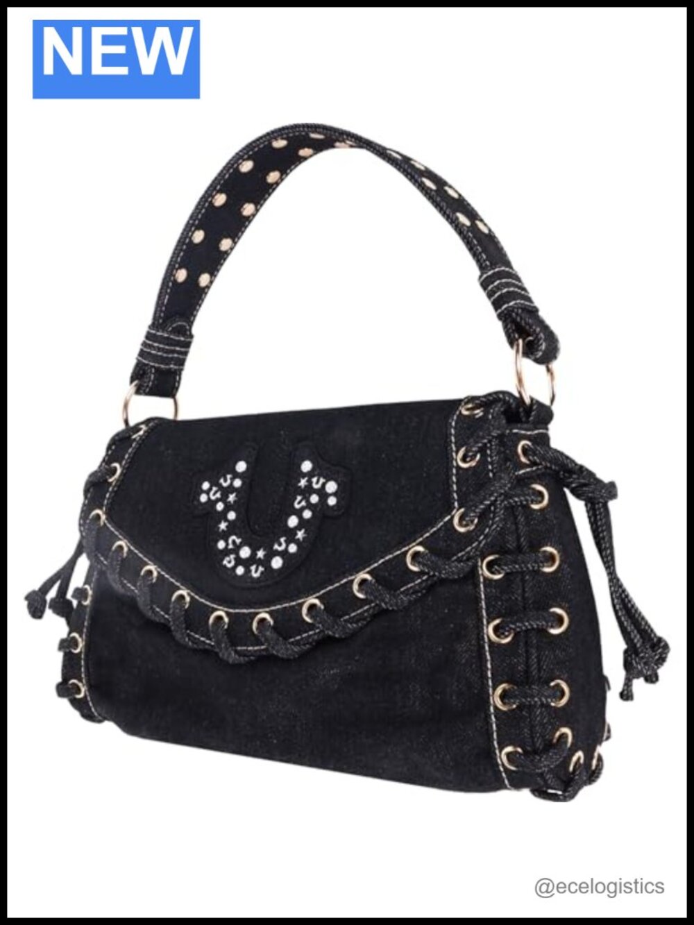 Studded Eyelet Denim Flap Crossbody Bag with Horseshoe Hardware